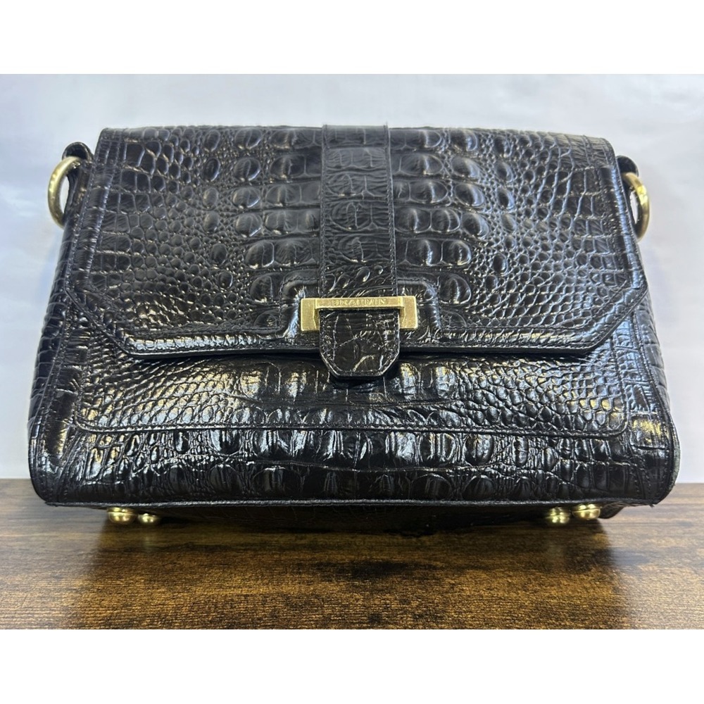 Brahmin Black Croc Embossed Leather Crossbody Style Bag Gold Hardware *No Strap - Picture 2 of 16